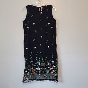 Magic Garden Black Dress w/ Colorful Embroidered Garden Flowers Sleeveless Sz.L